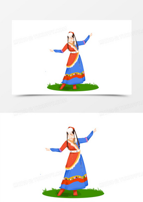 卡通手绘穿蒙古服装的女子跳舞素材