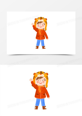 卡通手绘带虎头帽的女孩免抠元素