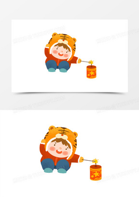 卡通手绘新年小孩点爆竹免抠元素