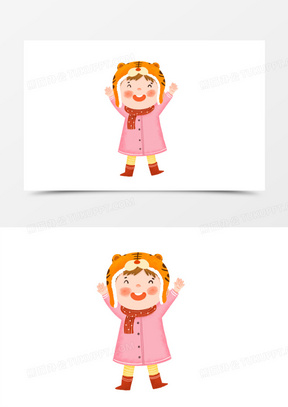 卡通手绘开心带虎头帽的小女孩素材