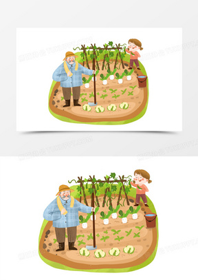 手绘卡通农民菜园种菜场景插画免抠元素