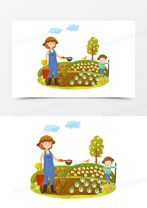手绘卡通农民菜园种菜场景插画免抠元素