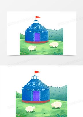 卡通手绘大草原蒙古包元素