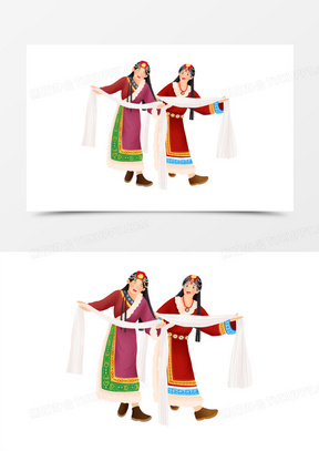 手绘插画风藏族女孩献上哈达免抠元素