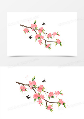 手绘桃花树枝和燕子元素