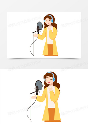 手绘卡通矢量女孩录音唱歌素材
