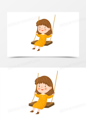 卡通手绘免抠女孩荡秋千元素