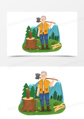 手绘卡通老人砍柴插画免抠元素