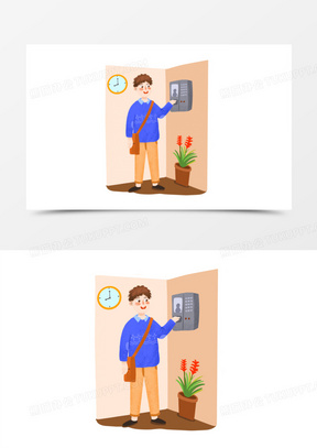手绘卡通上班打卡插画免抠元素