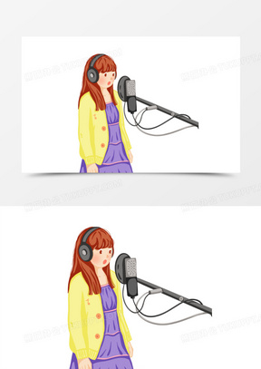 卡通手绘女孩录音场景素材