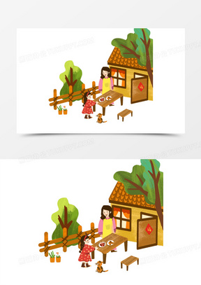 手绘农家小院场景插画风元素