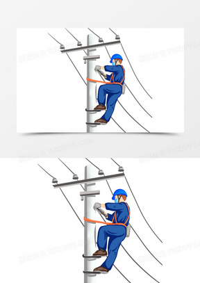 卡通手绘工人高空作业维修电缆素材