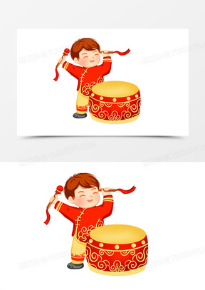 卡通手绘中国风男孩击鼓场景素材