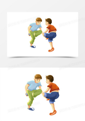 手绘卡通男孩玩斗鸡素材
