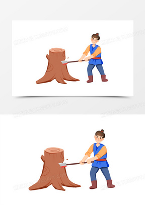 手绘卡通古装人物砍柴免抠素材