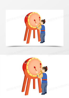 手绘卡通古代贫民击鼓鸣冤免抠素材