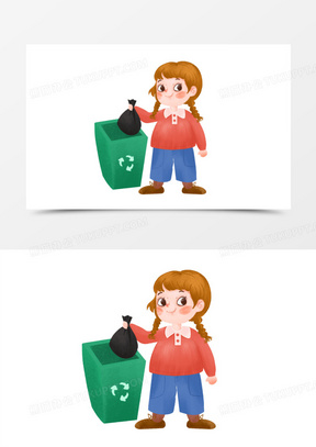 卡通手绘女孩倒垃圾元素
