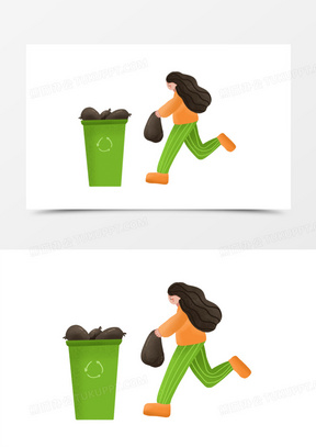 卡通手绘女孩跑着倒垃圾元素