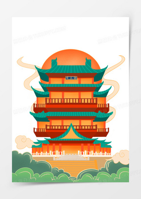 手绘卡通滕王阁建筑素材