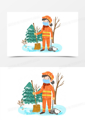 手绘卡通环卫工人冬天扫雪场景插画免抠元素
