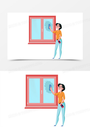 手绘家庭主妇擦玻璃免抠素材