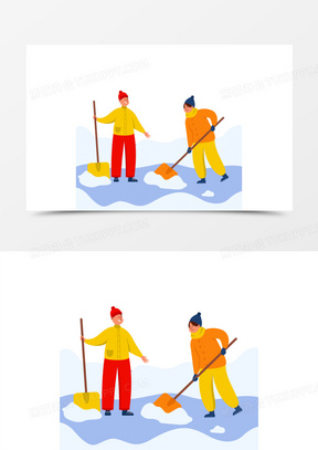 手绘卡通小伙伴一起铲雪免抠素材