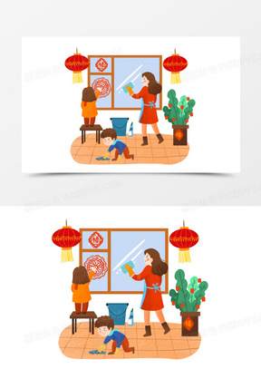 手绘卡通过年一家人擦窗户贴窗花场景免抠元素
