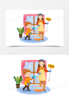 手绘卡通母女一起擦窗户搞卫生插画免抠元素