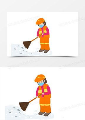 手绘卡通环卫工人扫雪素材