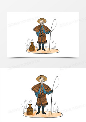 卡通手绘披蓑衣的渔民免抠元素