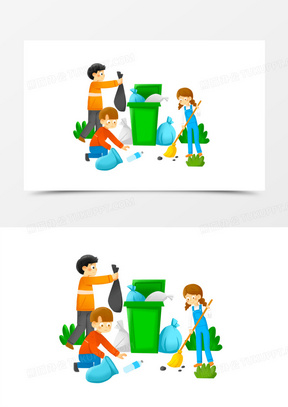 手绘卡通孩子们一起打扫倒垃圾场景素材