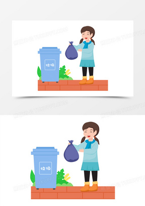 卡通手绘女孩倒垃圾免抠元素