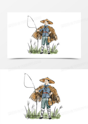 免抠元素91披蓑衣的渔民水墨画免抠元素311手绘穿蓑衣老人插画元素160
