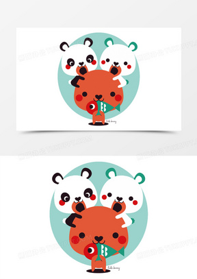 卡通小熊吃鱼咬耳朵