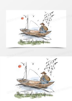 披蓑衣的渔民水墨画免抠元素