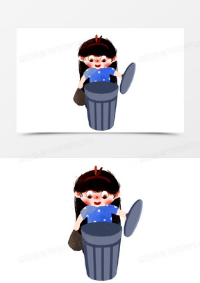 卡通手绘小女孩扔垃圾素材