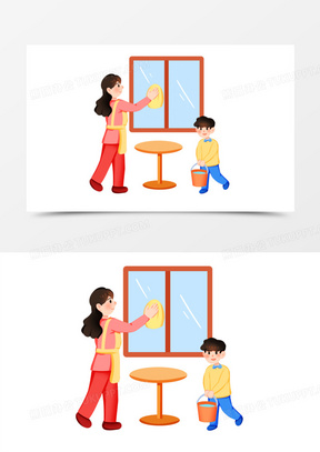 手绘卡通妈妈和孩子一起打扫卫生免抠素材