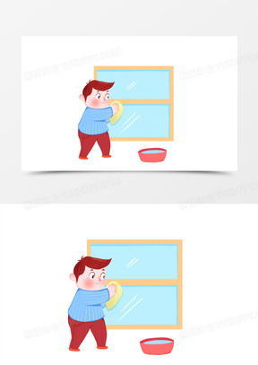 手绘插画新年男生打扫卫生擦玻璃元素