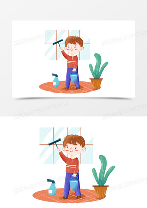 手绘卡通擦窗户男孩元素