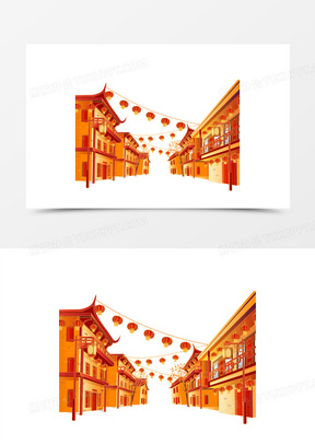 手绘国潮风中式街道免抠素材