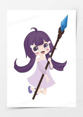 手绘抱着魔法杖的小女孩免扣素材