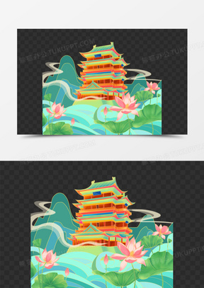 手绘滕王阁国潮风插画元素150手绘历史事件南昌起义场景插画合成背景