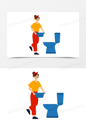 手绘卡通扁平风女孩用脏水清洗马桶免抠矢量元素