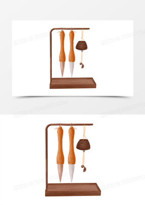 手绘插画风毛笔和笔架元素