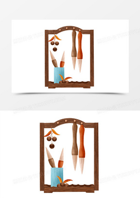 手绘插画风毛笔和笔架免抠元素