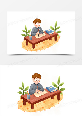 卡通手绘年轻人练习写毛笔字元素