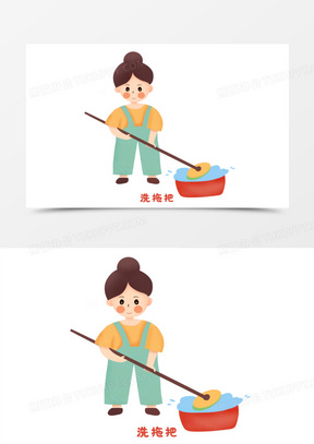手绘卡通女孩洗菜免抠元素