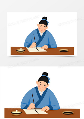 卡通手绘老人教孩子写书法免抠元素90手绘卡通古代书生写书法素材90