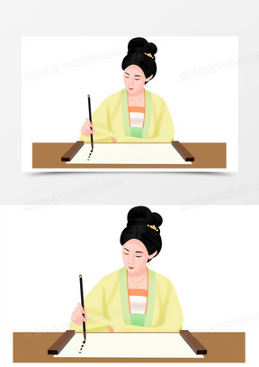 手绘插画风古代女子写书法场景元素