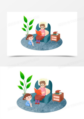 卡通手绘女孩听奶奶讲故事免抠元素